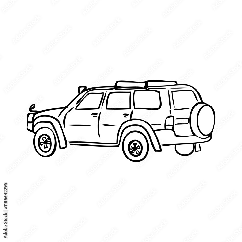 Hand drawn car, ink pen vector illustration jeep isolated on white background, outline sign for travel design Hand drawn car, ink pen vector illustration jeep isolated on white background, outline sign for travel design