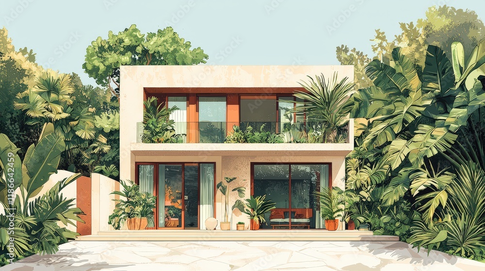A hand-drawn illustration of a small sustainable hotel showcasing lush green elements, a minimalist facade, and an inviting design with space for promotional content. A hand-drawn illustration of a small sustainable hotel showcasing lush green elements, a minimalist facade, and an inviting design with space for promotional content.