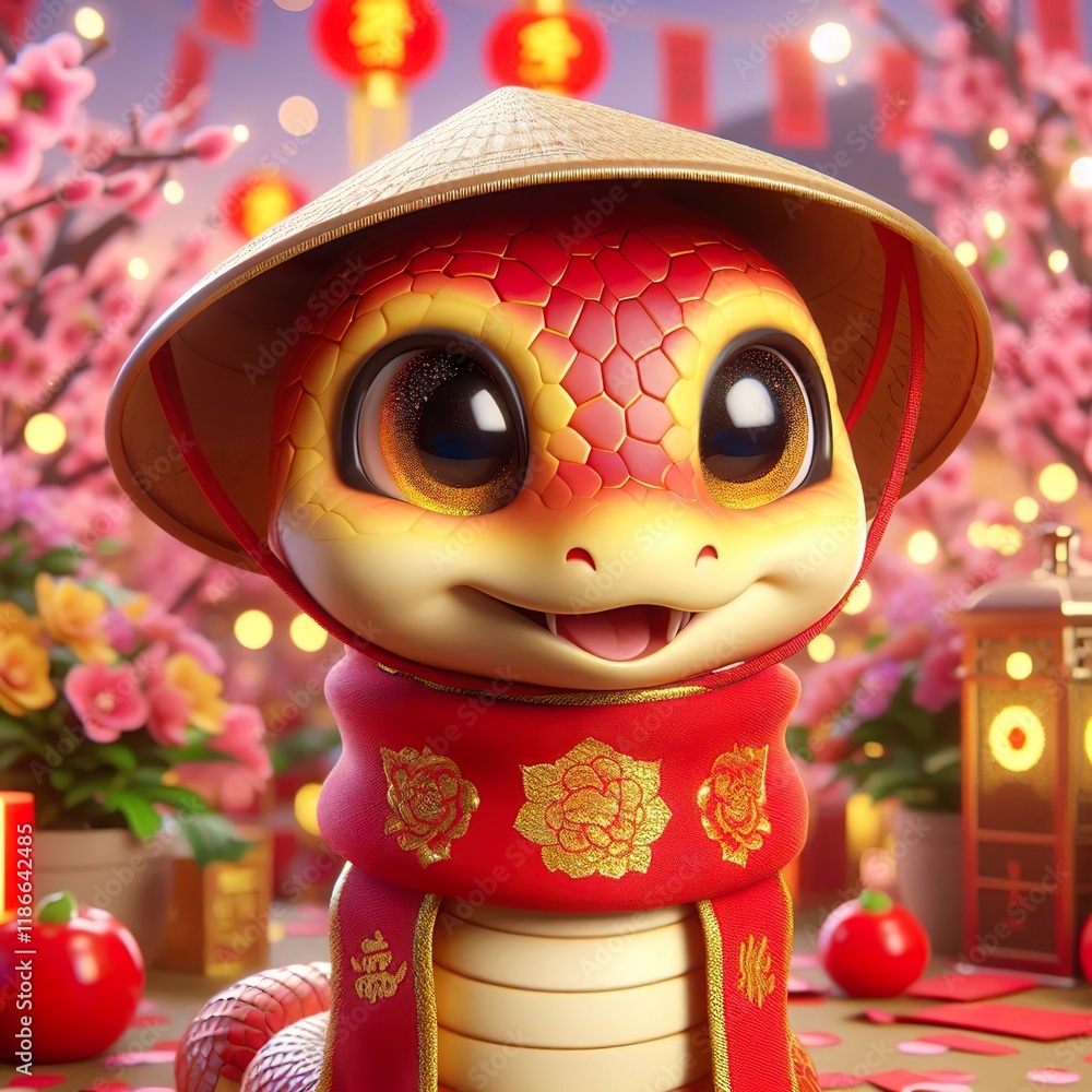 Adorable Chinese New Year Snake, Red, Cute, Festive, Cartoon, Hat, Lantern, Celebration Adorable Chinese New Year Snake, Red, Cute, Festive, Cartoon, Hat, Lantern, Celebration