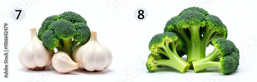 Wallpaper Mural Garlic And Broccoli Isolated On A White Background In Two Identical Vegetable Arrangements Numbered Seven And Eight. 00002 Torontodigital.ca