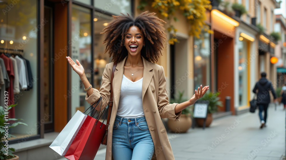 A joyful woman with curly hair walks happily while holding shopping bags. A joyful woman with curly hair walks happily while holding shopping bags.