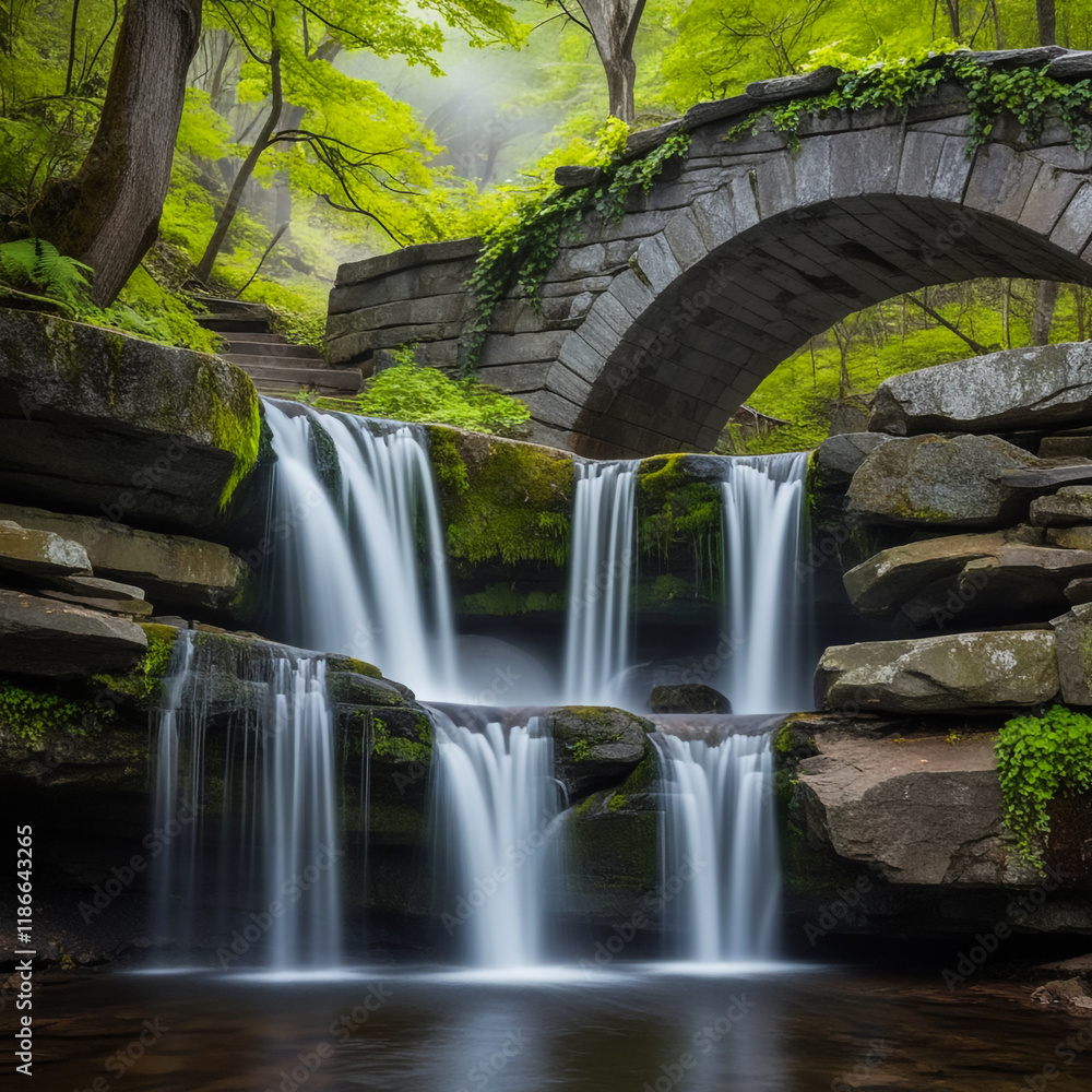 A captivating painting of a majestic waterfall cascading down a rocky cliff face, surrounded by a lush forest.