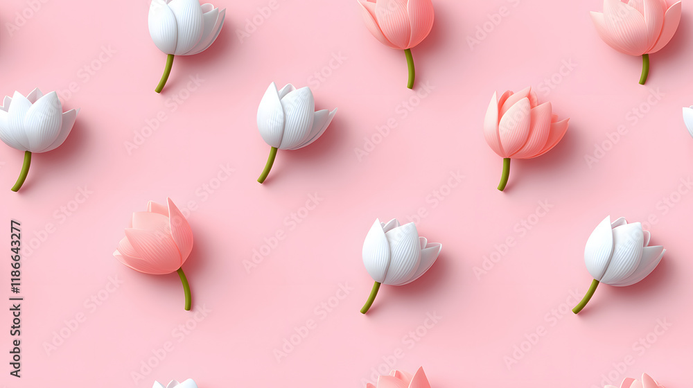 Fototapeta premium beautiful pattern of minimalist watercolor lotus flowers in soft pink and white against pastel pink background, creating serene and calming atmosphere