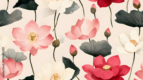 Fototapeta Naklejka Na Ścianę i Meble -  Soft pink and red lotus flowers with green leaves create serene and minimalist design. This watercolor artwork evokes tranquility and beauty in delicate arrangement