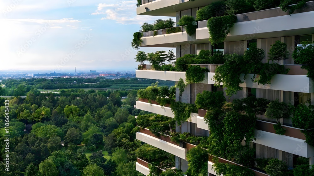 Eco-Futuristic Landscape with Vertical Forest Skyscrapers Eco-Futuristic Landscape with Vertical Forest Skyscrapers