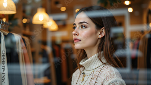 A stylish woman gazes thoughtfully while wearing a cozy knit sweater in a boutique. photo