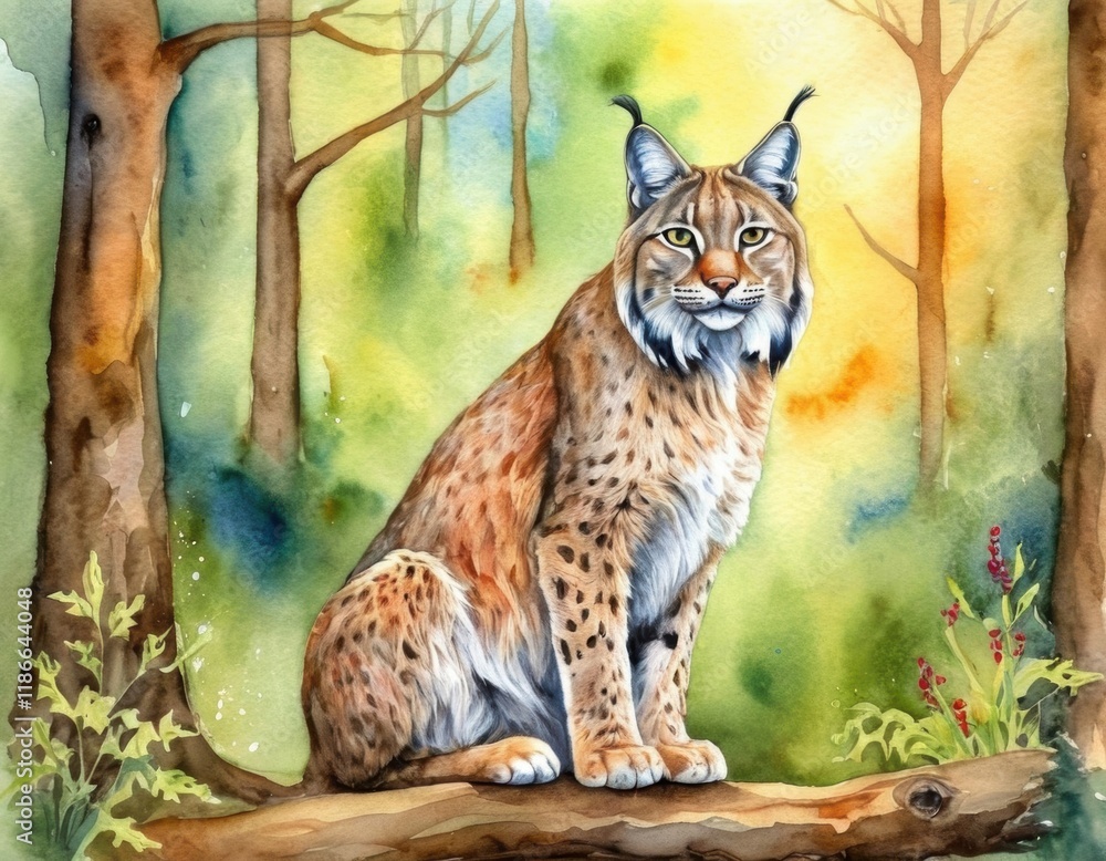 Fototapeta premium A majestic lynx sits on a log in a colorful forest, surrounded by trees and soft light, capturing its elegant presence.