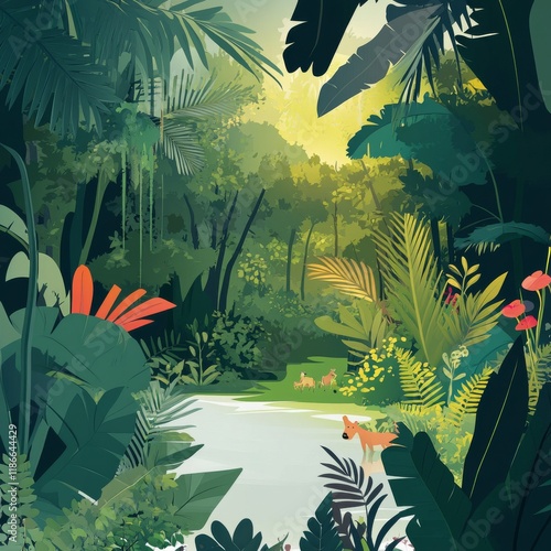 A background in flat vector design of a lush jungle with a water point, with some animals hidden in the dense tropical vegetation