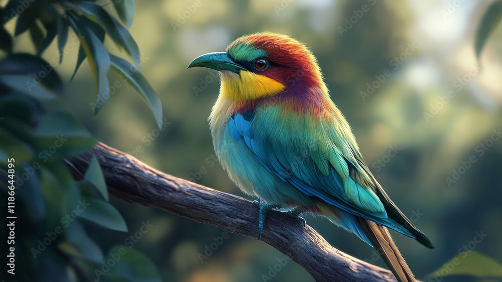 Fototapeta premium Vibrant Rainbow Bee eater Bird Perched on Branch in Lush Green Forest