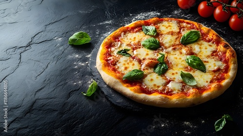 Traditional Margherita pizza rests on black marble table, featuring melted mozzarella, fresh basil, and tomato sauce on crispy, flour-dusted crust in dramatic presentation.