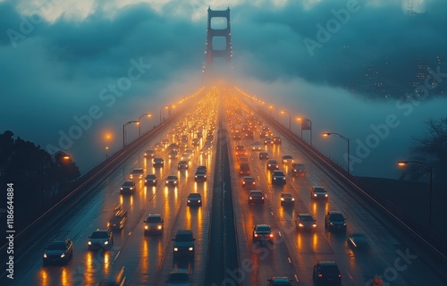 Golden Gate Bridge in Foggy Night Traffic
