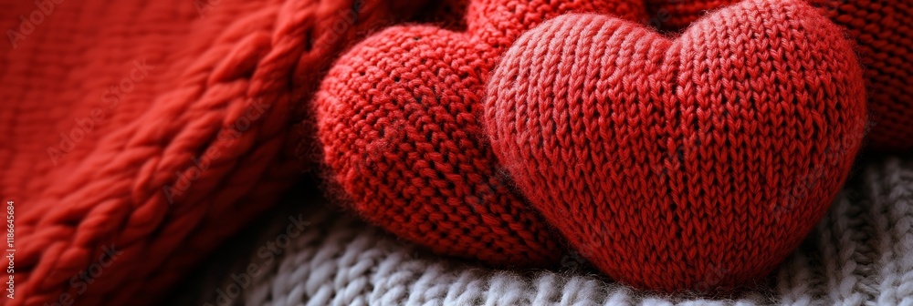 Close-Up of Red Knitted Heart-Shaped Pillows on Cozy Knitted Background. Valentine s Day Concept. Close-Up of Red Knitted Heart-Shaped Pillows on Cozy Knitted Background. Valentine s Day Concept.