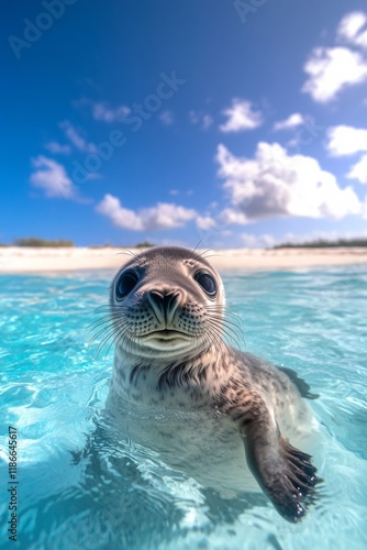 A cute baby seal smiles and looks at the camera, floating in clear water on an island with white sandy beaches and blue skies