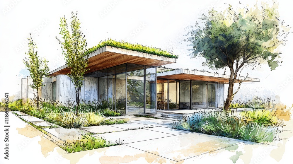 A sketch of an eco-friendly home design featuring a green roof, large energy-efficient windows, and a green facade, promoting sustainability and reducing environmental impact. A sketch of an eco-friendly home design featuring a green roof, large energy-efficient windows, and a green facade, promoting sustainability and reducing environmental impact.