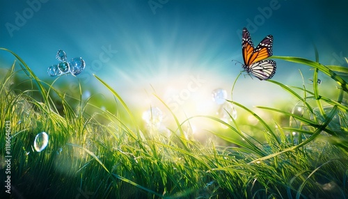art abstract spring historical past or summer history with sparkling grass and butterfly ai generated instance
