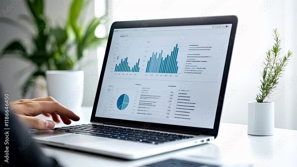 Laptop Displaying Data Analytics Charts and Graphs on Screen Laptop Displaying Data Analytics Charts and Graphs on Screen