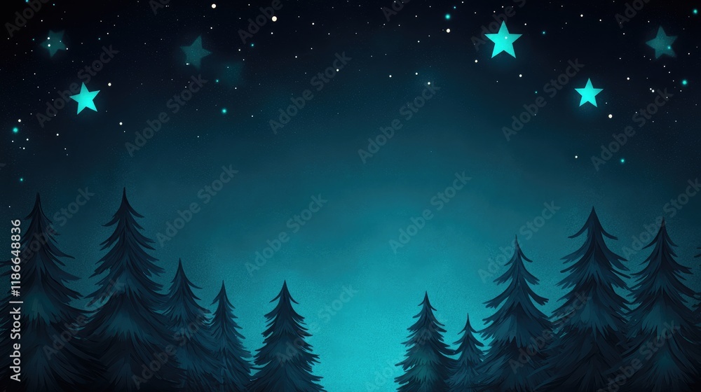 Night sky with glowing stars above a dark forest. Night sky with glowing stars above a dark forest.