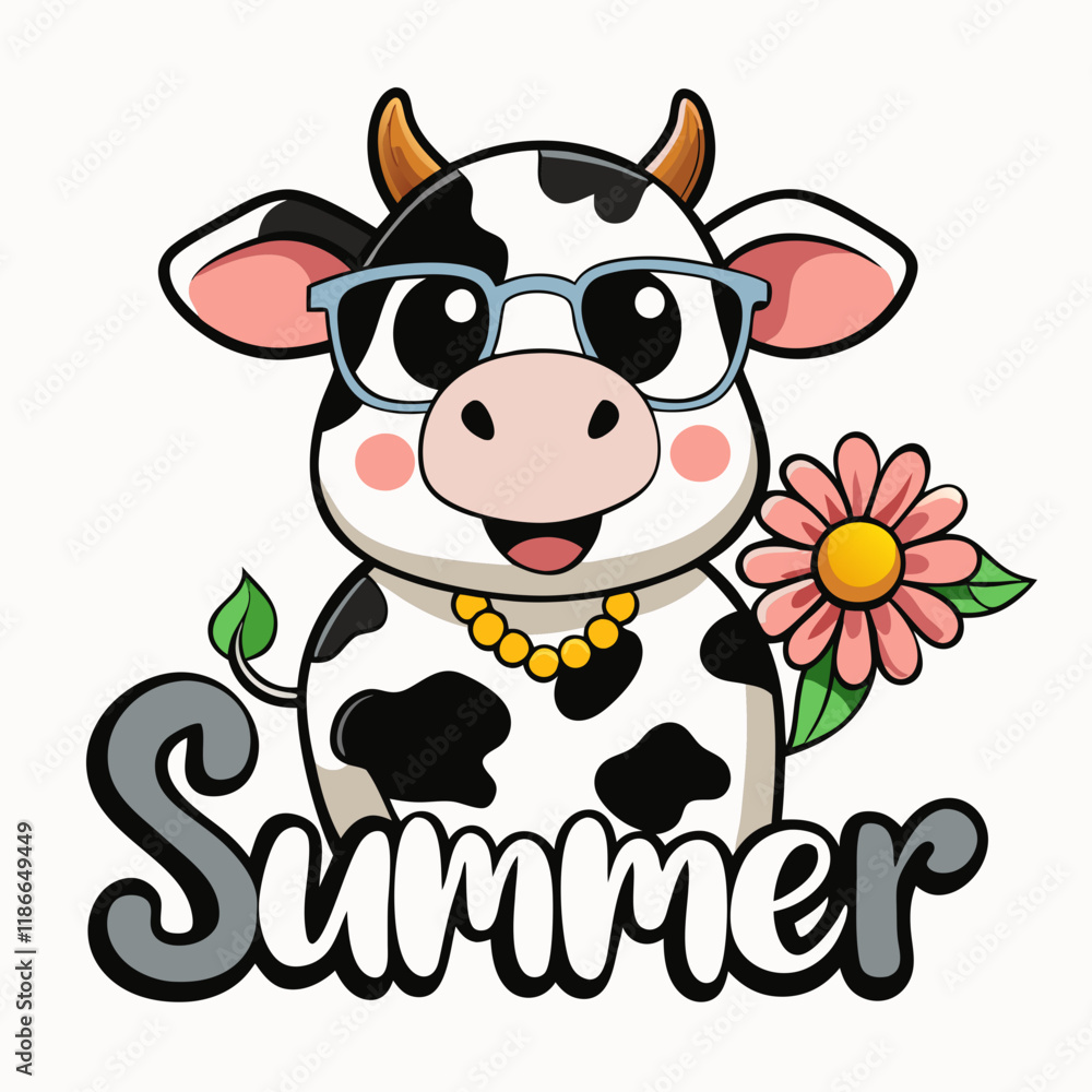 a happy cow lounging in a meadow with sunglasses, round glasses, and a tropical flower garland. Add the word 'Summer' in bold, a happy cow lounging in a meadow with sunglasses, round glasses, and a tropical flower garland. Add the word 'Summer' in bold,