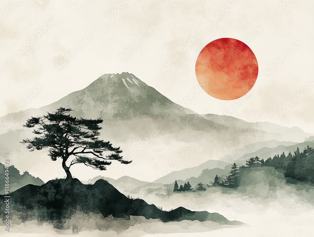 A serene japanese landscape with mount fuji in the background, a large red sun rising over it, and misty mountains in soft shades of green and brown