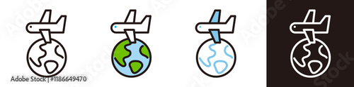 地球と飛行機のアイコン。旅行やビジネス、言語留学のイメージイラスト。