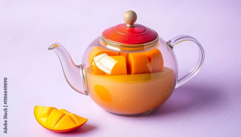 Glass teapot with a slice of orange in it Glass teapot with a slice of orange in it