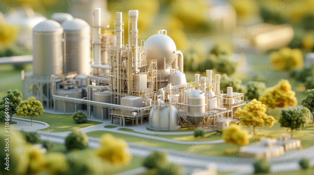 Fototapeta premium Eco-friendly industrial plant amidst greenery, showcasing sustainable manufacturing practices, advanced technology, and environmental conservation in modern industry.