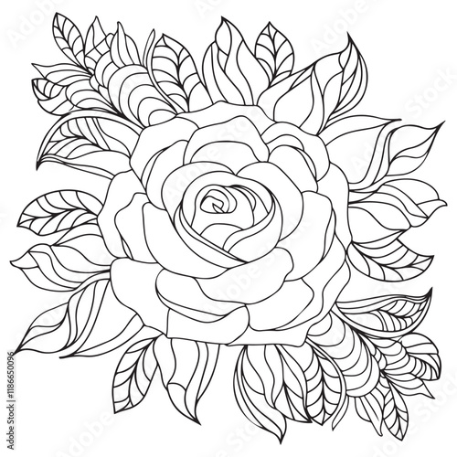 Flower coloring page. Flower coloring book pages. Flower vector black and white line art sketch drawing. Rose coloring pages for adults. Rose flower vector. Hand drawn floral background illustration.