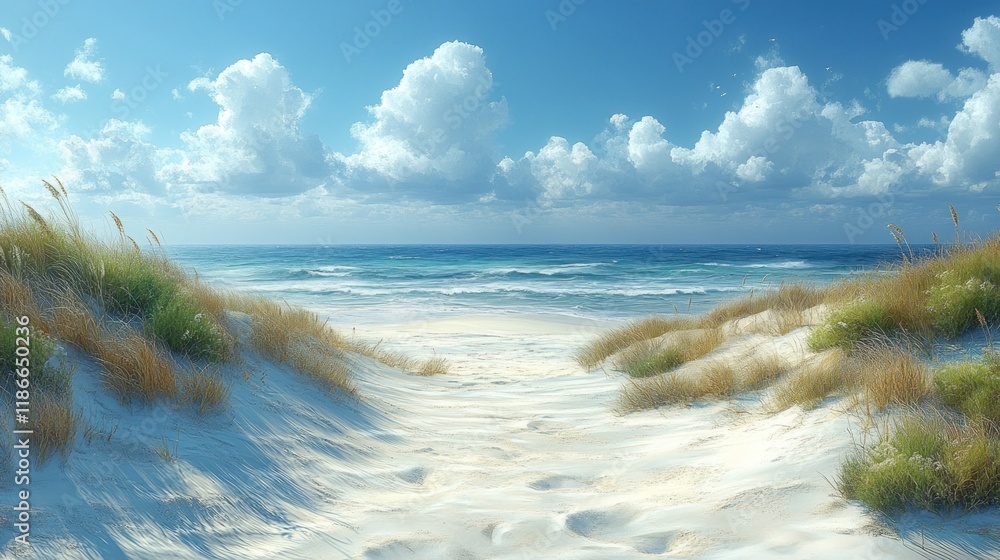 Sandy path leads to a beautiful beach with turquoise ocean and fluffy clouds under sunny sky. Sandy path leads to a beautiful beach with turquoise ocean and fluffy clouds under sunny sky.