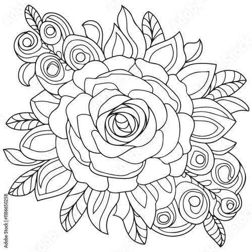 Flower coloring page. Flower coloring book pages. Flower vector black and white line art sketch drawing. Rose coloring pages for adults. Rose flower vector. Hand drawn floral background illustration.