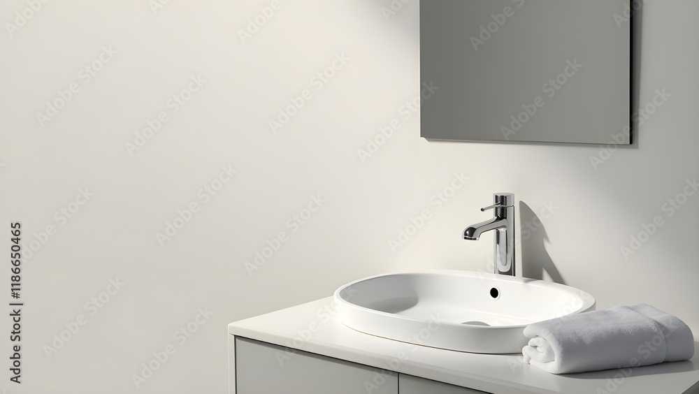 A clean and modern bathroom sink with a single white towel A clean and modern bathroom sink with a single white towel