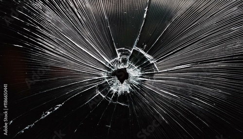 texture of broken tempered glass with a bullet hollow and diverging cracks on a black history design detail