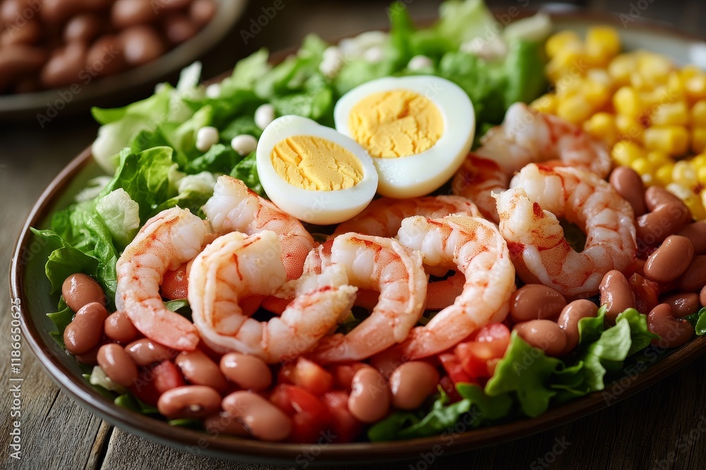 Shrimp and bean salad with egg and corn. Shrimp and bean salad with egg and corn.