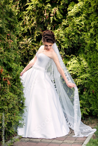 Wallpaper Mural A woman in a white dress is standing in front of a hedge. She is wearing a veil and a necklace Torontodigital.ca