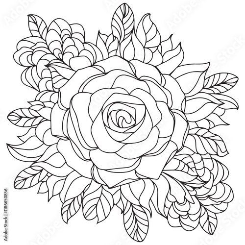 Flower coloring page. Flower coloring book pages. Flower vector black and white line art sketch drawing. Rose coloring pages for adults. Rose flower vector. Hand drawn floral background illustration.
