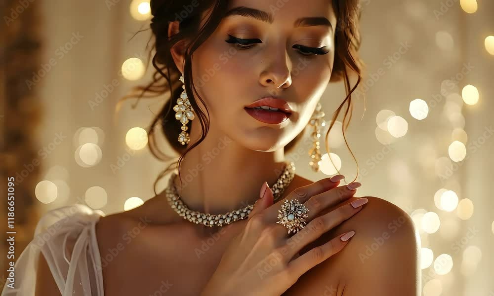 Elegant Woman Adorned with Sparkling Jewelry in a Golden Light Setting