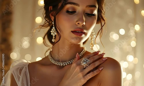 Elegant Woman Adorned with Sparkling Jewelry in a Golden Light Setting