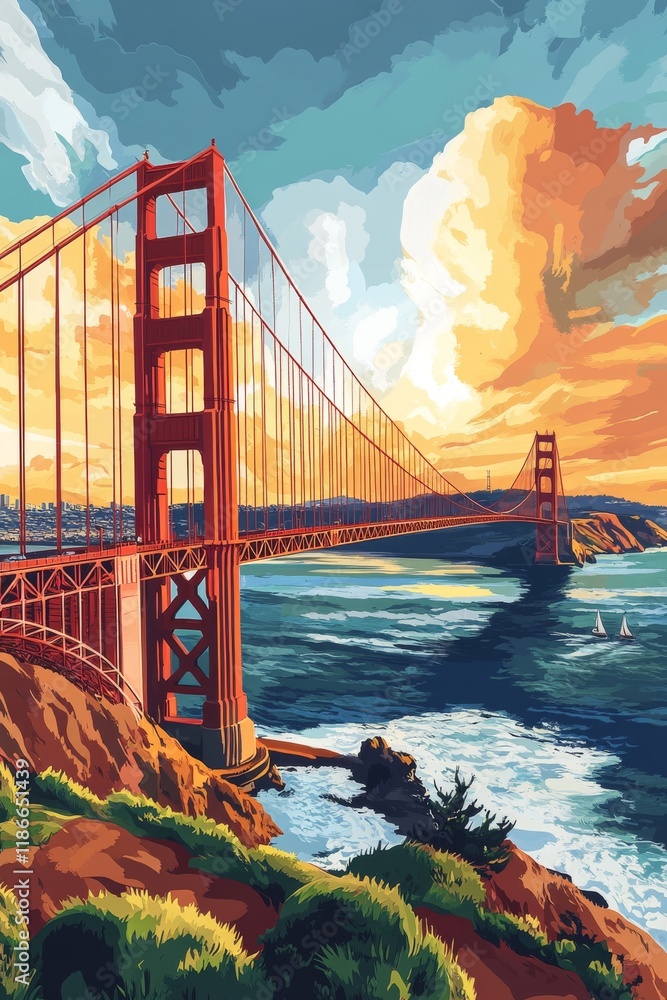 An illustration poster design of golden state bridg