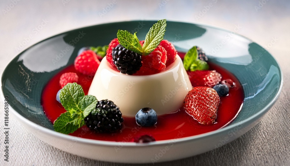 delicious panna cotta dessert decorated with various berries fruits and mint leaves in ceramic form closeup