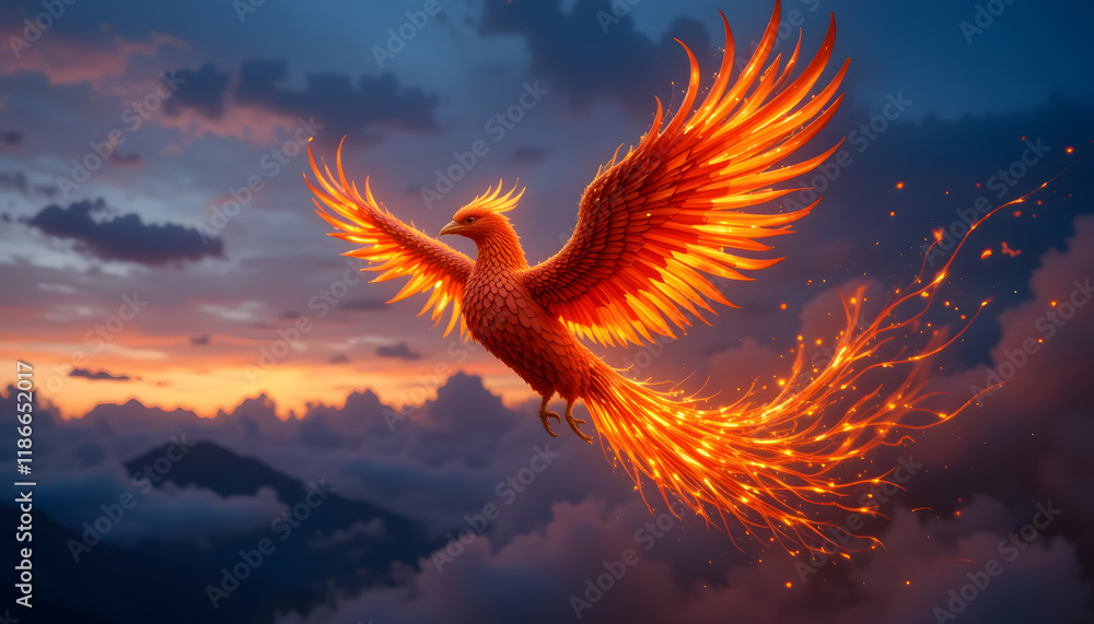 Obraz premium Fiery phoenix soaring through sunset clouds.