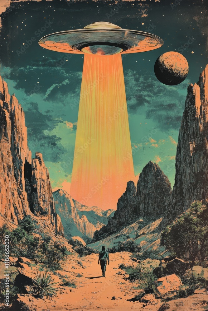 An vintage illustrated art poster of tepoztlã¡n morelos mountains , in the right corner a alien flying saucer silver ovni abducting a men
