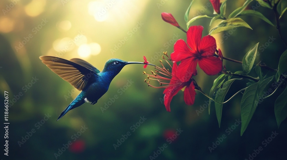 Hummingbird in flight, feeding from vibrant red flower. Hummingbird in flight, feeding from vibrant red flower.