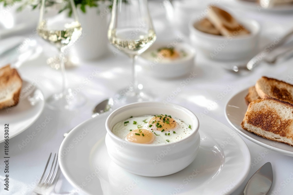Baked eggs in white ramekins with chives and toasts on the side, served alongside toast for a breakfast meal on an elegant table setting. Baked eggs in white ramekins with chives and toasts on the side, served alongside toast for a breakfast meal on an elegant table setting.