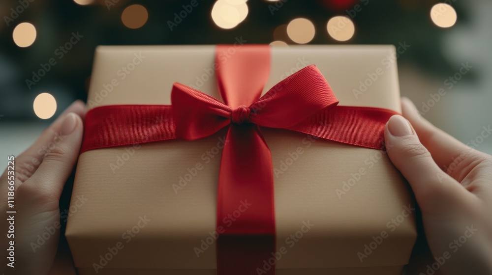 Wrapped in Festive Cheer: Close-up of hands holding a beautifully wrapped gift box with a vibrant red ribbon bow, evoking warmth, anticipation, and the magic of the holiday season. Wrapped in Festive Cheer: Close-up of hands holding a beautifully wrapped gift box with a vibrant red ribbon bow, evoking warmth, anticipation, and the magic of the holiday season.