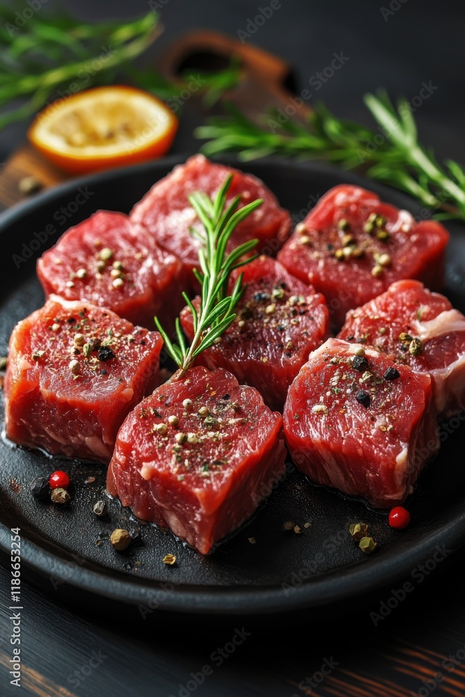 Freshly cut beef cubes seasoned with herbs and spices on a slate plate ready for cooking at a modern kitchen Freshly cut beef cubes seasoned with herbs and spices on a slate plate ready for cooking at a modern kitchen