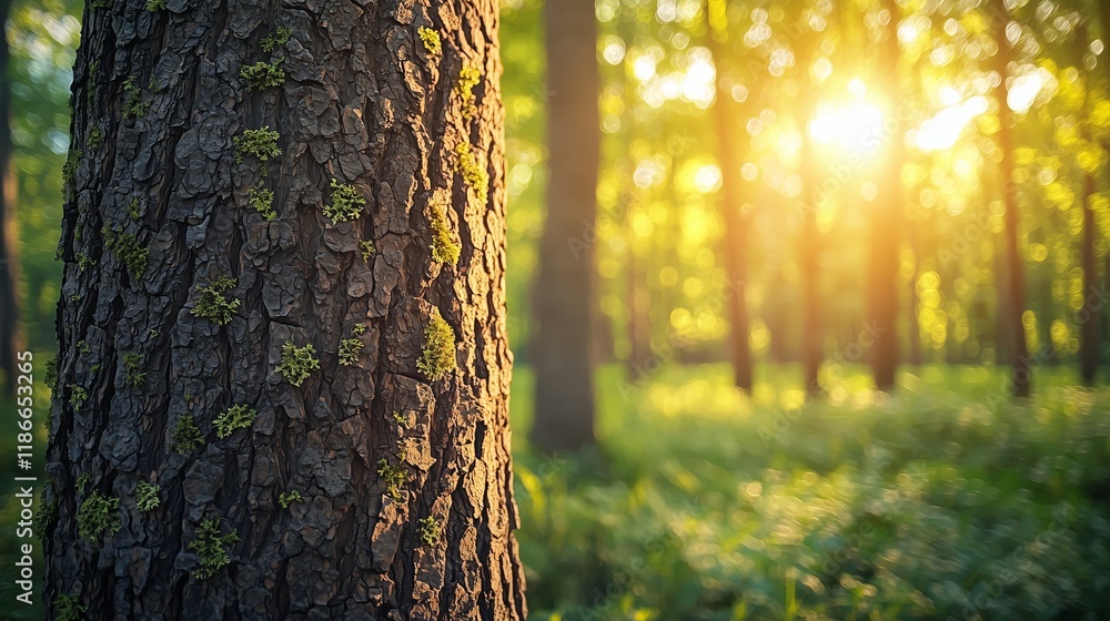 Obraz premium Close-Up of Tree Bark with Sunlight in a Lush Green Forest