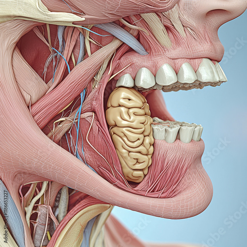 Detailed anatomical rendering of human jaw, muscles, and salivary gland. photo