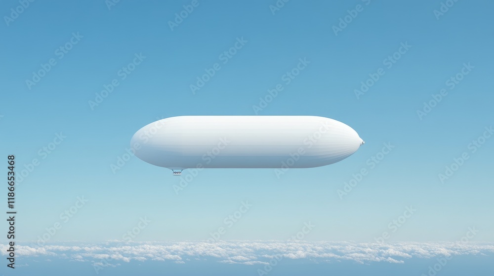 White airship flying above clouds against a clear blue sky. White airship flying above clouds against a clear blue sky.