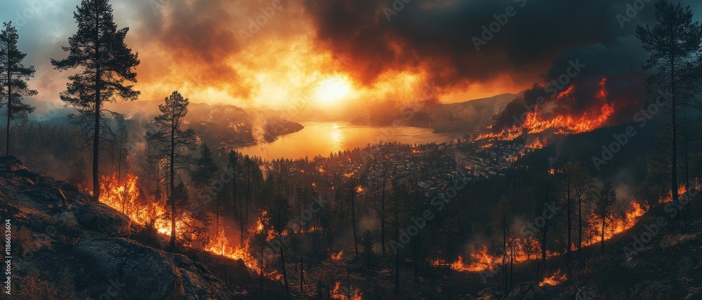 A dramatic scene of a wildfire engulfing a forest at sunset, with flames illuminating the sky and reflecting on a nearby lake. A dramatic scene of a wildfire engulfing a forest at sunset, with flames illuminating the sky and reflecting on a nearby lake.