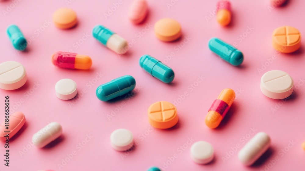 Pill Pattern: A vibrant array of colorful pills and capsules scattered on a pink background, creating a striking visual pattern. Pill Pattern: A vibrant array of colorful pills and capsules scattered on a pink background, creating a striking visual pattern.