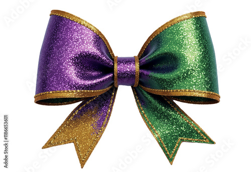 Hand-painted Glitter Mardi Gras Bow Clipart in Purple, Green, and Gold on White Background
